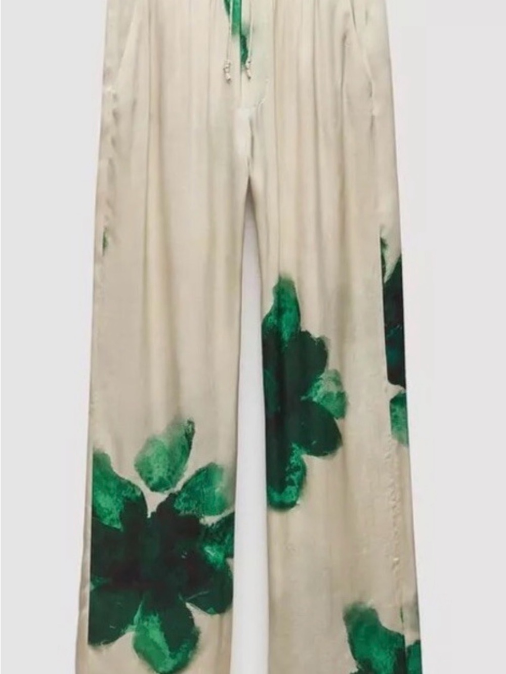 Zara Cream Wide-Leg Pants with Green Floral Motif